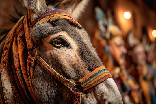 Close-up portrait of a donkey prepared for the Palio dei Somari d&rsquo;Autunno. Its bridle decorated with colorful ribbons and fabric, eyes reflecting torchlight.