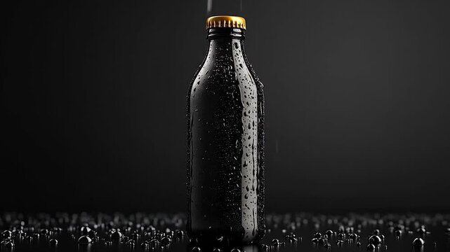 Black bottle with water drops, and dark background.