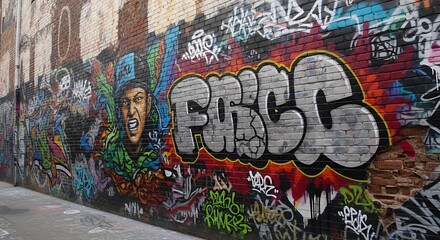 Fototapeta premium Colorful Urban Graffiti Art Featuring Angry Character and Bold Lettering on Brick Wall