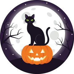 Halloween Vector Illustration &ndash; Spooky Pumpkin, Ghost, Witch, Haunted House, Skeleton, Black Cat, Flat Cartoon Design
