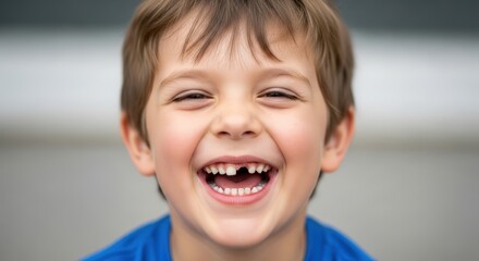 A happy young boy with a missing front tooth, laughing heartily with his eyes closed.