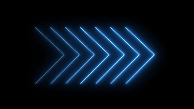 Abstract looping neon arrows animation in blue and pink moving right on black background, futuristic technology motion graphic. 4k video