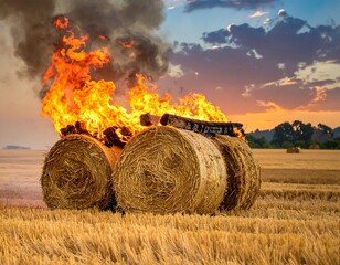 Hay bales ablaze at sunset
