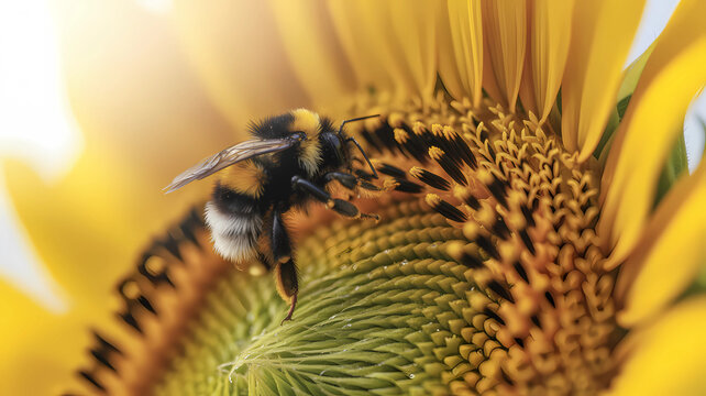 Close up of bumblebee pollinating sunflower macro photography nature wildlife summer garden flower 100mm lens
