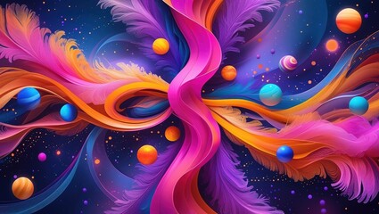Vibrant swirls of color and abstract shapes create a dynamic cosmic scene, filled with celestial bodies and flowing lines.