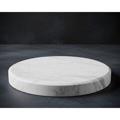 A round, white marble surface sits on a dark background, creating a modern and elegant presentation.