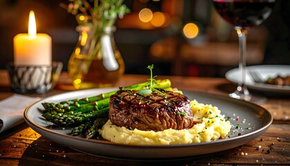 Elegant Dinner A Steak Delight with Asparagus and Wine in Soft Lighting