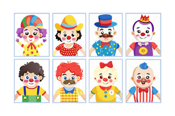 Collection of eight diverse cartoon clowns with different hats and costumes