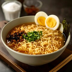 Bowl of hot and spicy ramen with egg