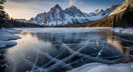 Frozen lake with intricate ice patterns reflecting the surrounding snow-covered mountains and trees under a clear sky.
