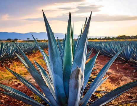 Lush agave plants in a field at sunset - Powered by Adobe