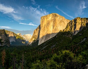 Fototapeta premium Majestic granite peak at dawn, valley view