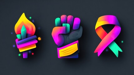 Vibrant graphic icons of a torch, fist, and ribbon