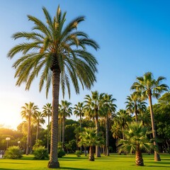Fototapeta premium Palm tree grove basking under the sunny azure sky during golden hour