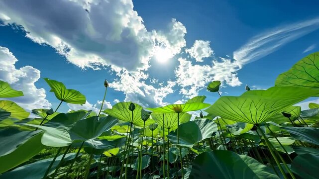 Lotus leaves skyward view
