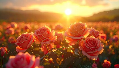 Scenic Sunset Over a Rose Field Cinematic Landscape with Warm Light and Lush Green Backdrop