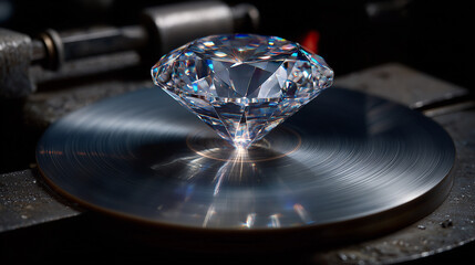 A brilliant-cut diamond on a polishing wheel, symbolizing the final stages of data refinement and optimization.