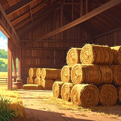 Hay bales inside a rustic barn