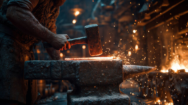 A blacksmith forging red-hot metal on an anvil, a business metaphor for shaping raw data into a valuable product.