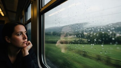 A pensive woman rests her chin on her hand while looking out a rainy train window.