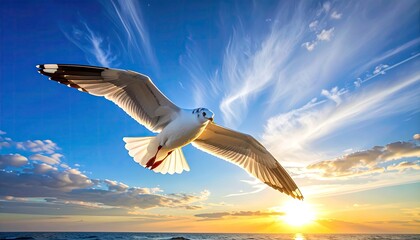 Seagull in Flight Over Ocean with Bright Sky and Horizon
