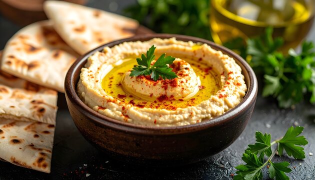 Creamy traditional chickpea hummus dip topped with paprika and extra virgin olive oil, served with warm flatbread for a healthy Middle Eastern snack