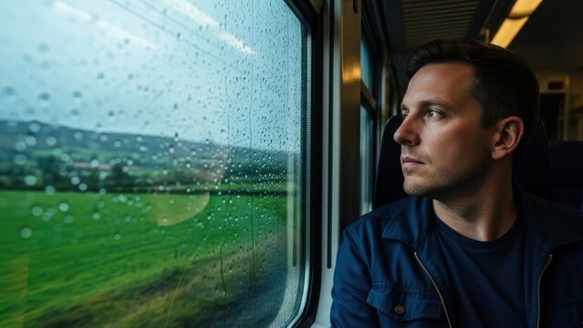 A man looking thoughtfully out of a train window on a rainy day. - Powered by Adobe