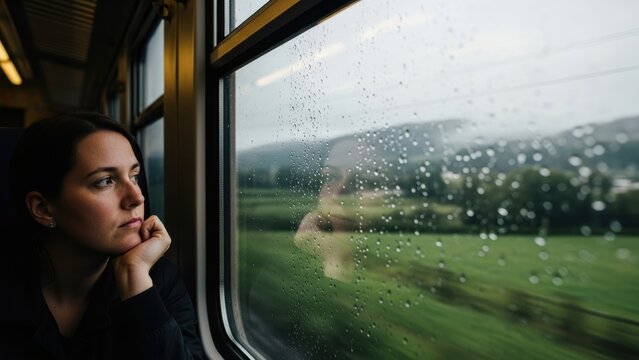 A pensive woman rests her chin on her hand while looking out a rainy train window. - Powered by Adobe