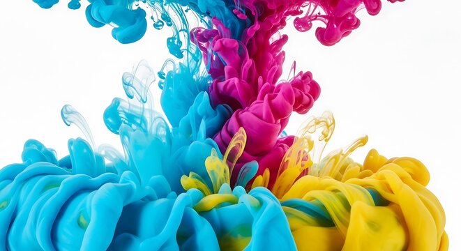 Vibrant explosion of colorful ink plumes against a clean white background, creating an abstract visual.