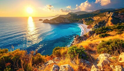 Seascape View of Coastline with Clear Blue Water and Rocky Cliffs During Golden Sunset Hour Landscape in Mediterranean Countryside Aerial Scenic Shot
