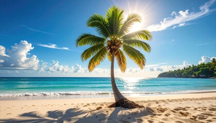 Seascape View of Palm Tree on Sandy Beach with Turquoise Ocean and Sunny Sky on Tropical Island Destination with Sparkling Waters