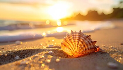 Seashell on Sandy Beach at Sunset with Glistening Water and Blurry Trees a Summer Landscape with Bokeh Effects