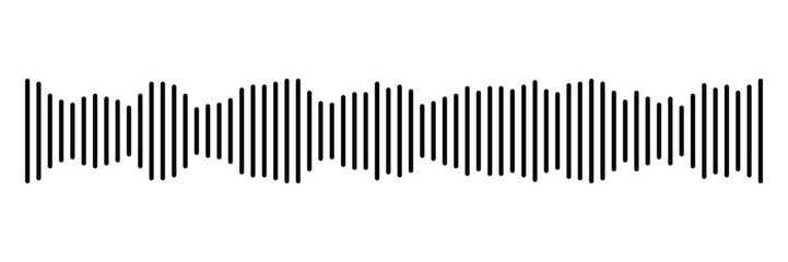Black podcast sound wave patterns with varying amplitude bars for audio visualization and media interfaces. Digital frequency lines on music players. Vector illustration.