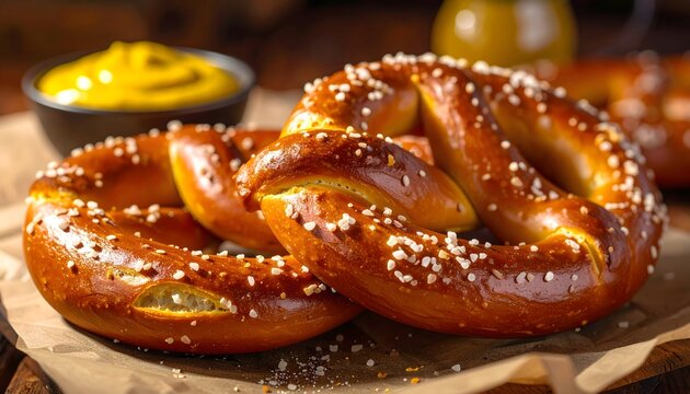 Delicious golden-baked soft pretzels, generously sprinkled with coarse sea salt, presented on rustic paper, offering a classic savory snack experience, ideal for pairing with a tangy mustard dip