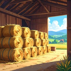 Hay bales stacked in a barn, idyllic countryside view