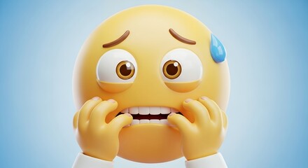 Nervous Yellow Emoji Face With Sweating Expression and Hands Near Mouth on Blue Background