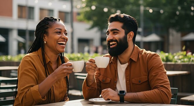 Happy young diverse couple laughing and bonding while enjoying a coffee date at an outdoor city cafe