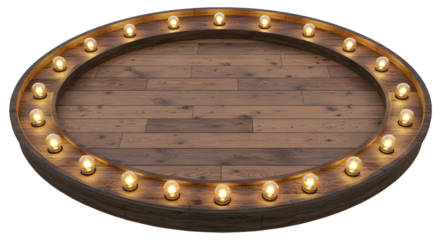 Rustic charm meets radiant glow, an inviting wooden stage bathed in warm light, perfect for product displays, presentations, and captivating performances