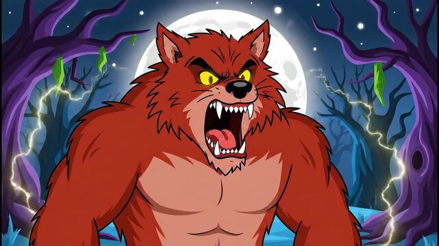 Furry Cartoon Werewolf Growling Under Moonlight During Electrical Storm