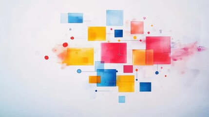 Abstract digital art composition of colorful squares and rectangles in shades of blue red yellow and orange with splashes on a white background in a modern geometric design