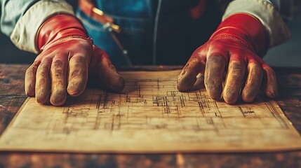 Close-up of work-worn hands, wearing red gloves, resting on blueprints on a workbench