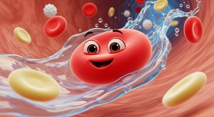 Happy Red Blood Cell Flowing Through Colorful Blood Vessel with Animated Expression