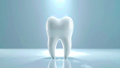 Shining Tooth on Glossy Surface Dental Health Concept in Bright Light and Blue Background