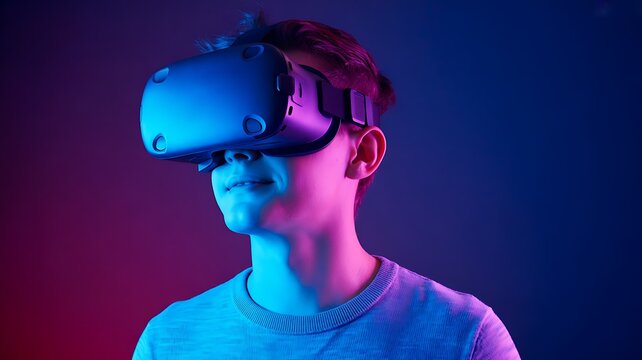 Man Experiences Virtual Reality with VR Headset. Use for tech, gaming, education, design concepts. Neon lighting, immersive, futuristic.