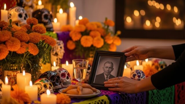 A person placing a photograph on a Dia de los Muertos ofrenda altar.