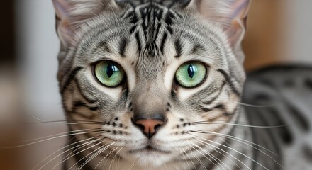 Close-up of a Gray Tabby Cat with Green Eyes in Natural Light