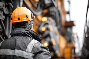 Industrial worker with protective helmet in heavy machinery environment