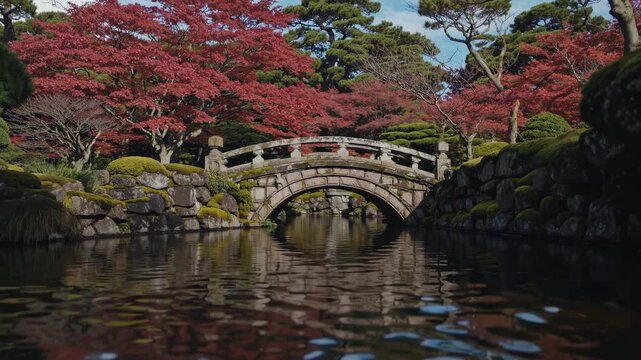 Serene garden scene with a stone bridge over water, captured from a low angle. Vibrant red foliage enhances the tranquil video ambiance. Live desktop wallpaper.
