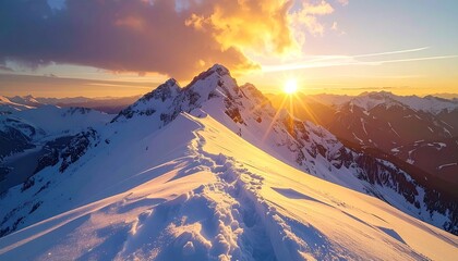 Scenic Snow Covered Mountain Peak at Sunset with Golden Light and Dramatic Sky Landscape with Sunburst and Cloudscape in Wilderness Panorama