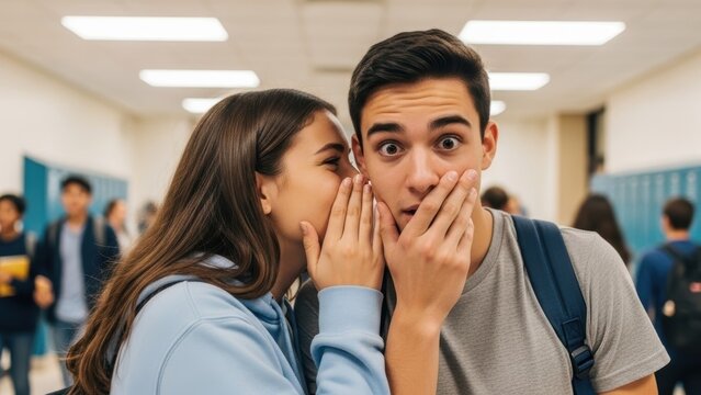 A teenage girl whispering a secret to a shocked teenage boy in a school hallway.